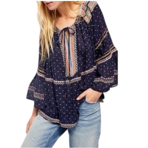 Free People Talia Embroidered Blouse Navy Size Small Boho Top Festival Flowy - Picture 12 of 13